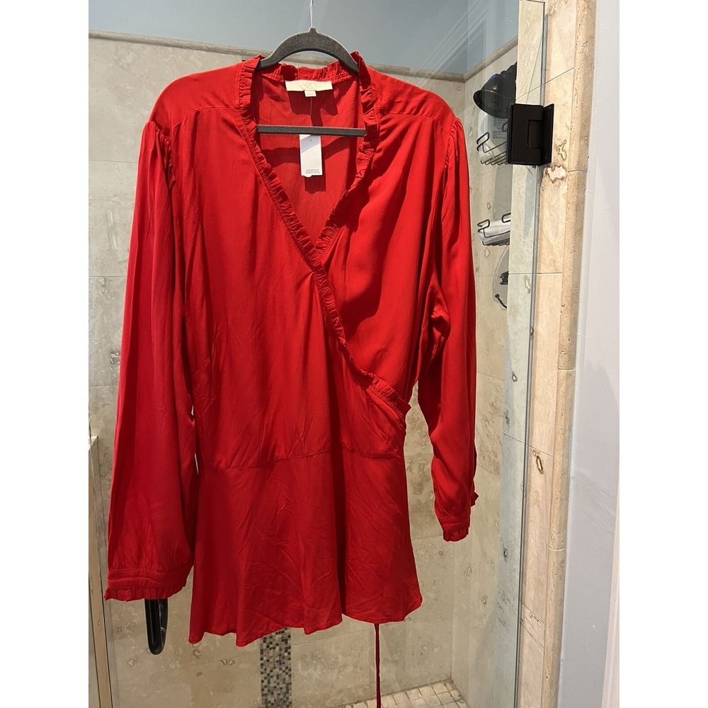 Loft Plus Womens 26 Red Peplum Wrap Tie Blouse Ruffle Long Sleeve NWT Shirt